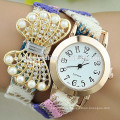 Reloj de pulsera de perla de la correa de la tela de la mariposa relojes de la marca de fábrica del diamante de ginebra